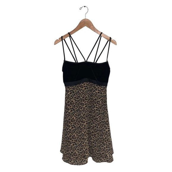 Anne Klein Dress Size 4 US Velour Leopard Print  Y2K Vintage Strappy‎ Black Tan - Picture 1 of 10